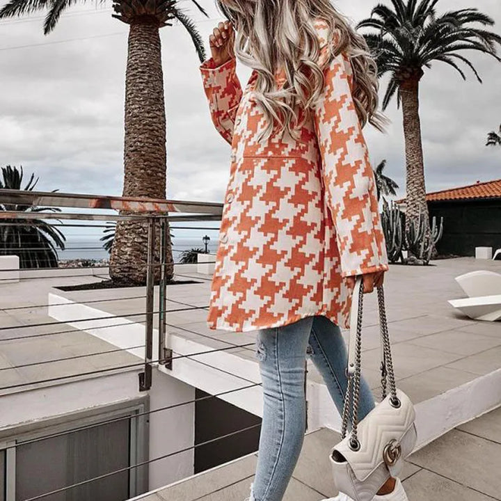 Georgia | Women's Elegant Houndstooth Sweater Jacket  - Color:Orange;Size:XS
