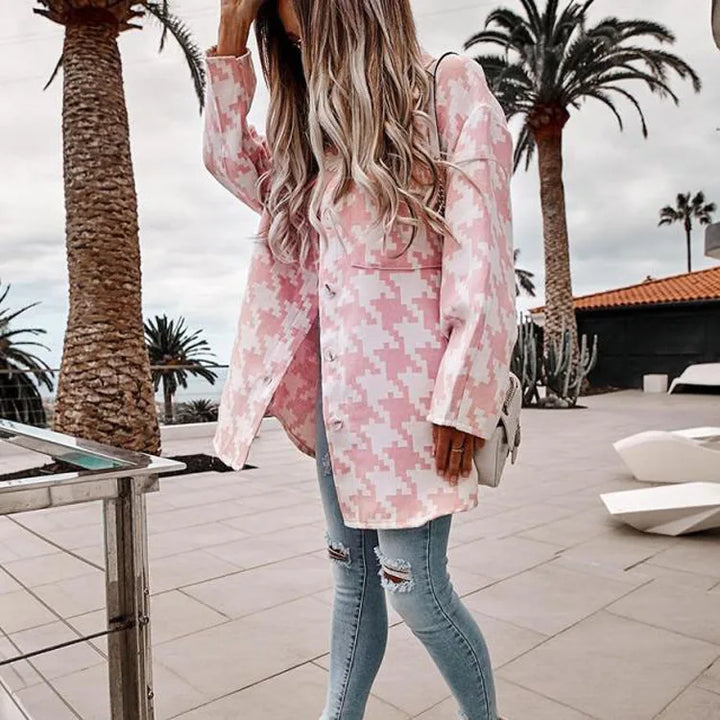 Georgia | Women's Elegant Houndstooth Sweater Jacket  - Color:Pink;Size:XS