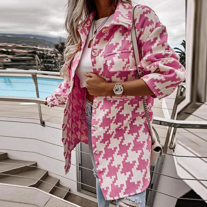 Georgia | Women's Elegant Houndstooth Sweater Jacket  - Color:Rose Red;Size:XS