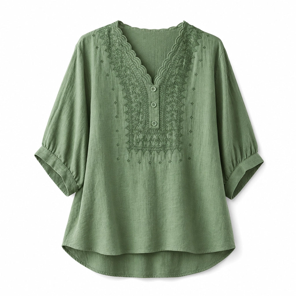 Lea Embroidered Blouse - Color:Green;Size:S