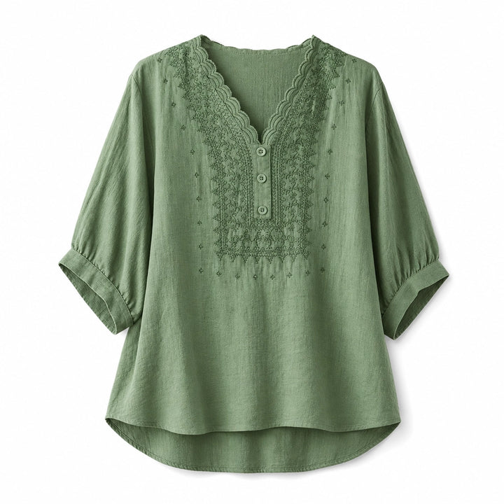 Lea Embroidered Blouse - Color:Green;Size:S