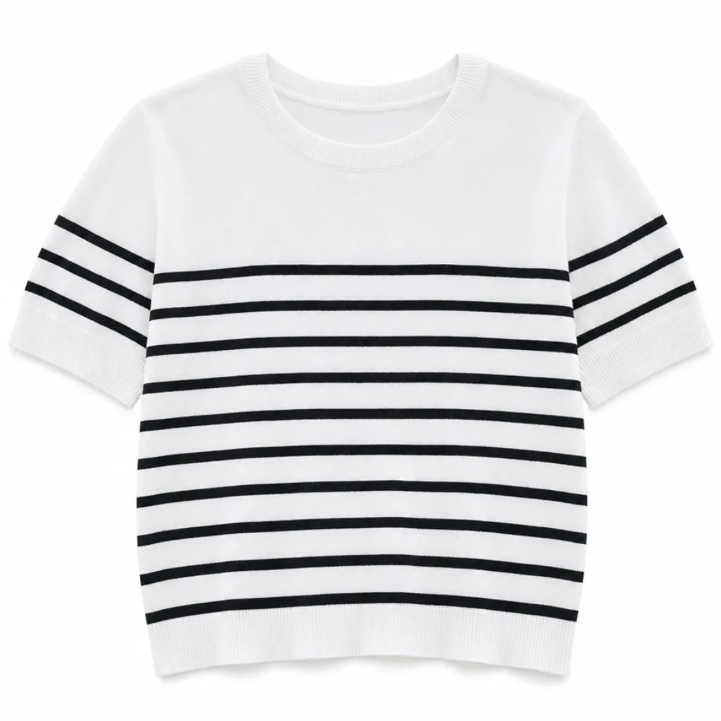 Gwen Striped Knit Tee - Color:White;Size:XS