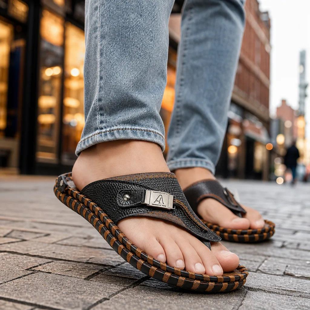 Men's Black Bishop Leather Flip Flops