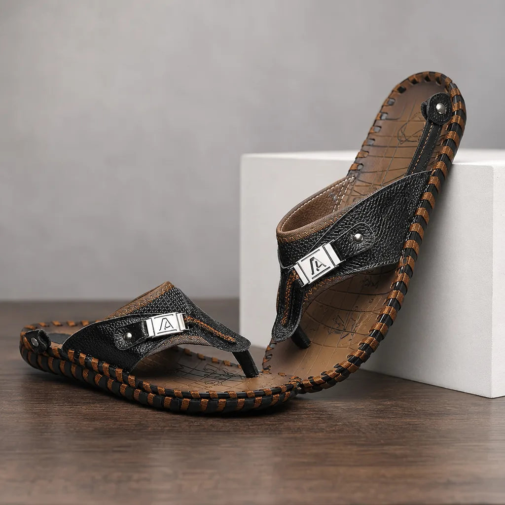 Hadrian Stitched Thong Sandals - Color:Black;Size:38