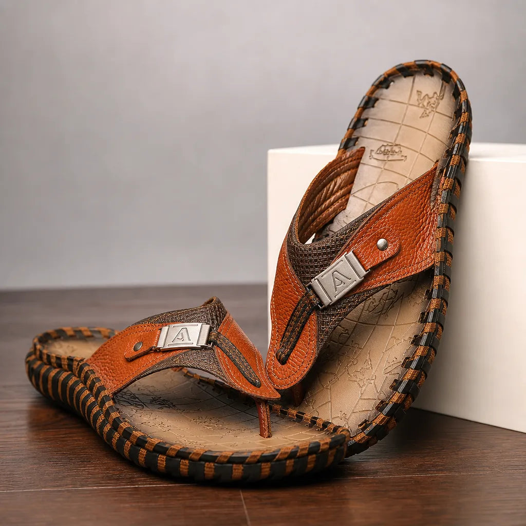 Hadrian Stitched Thong Sandals - Color:Brown;Size:38