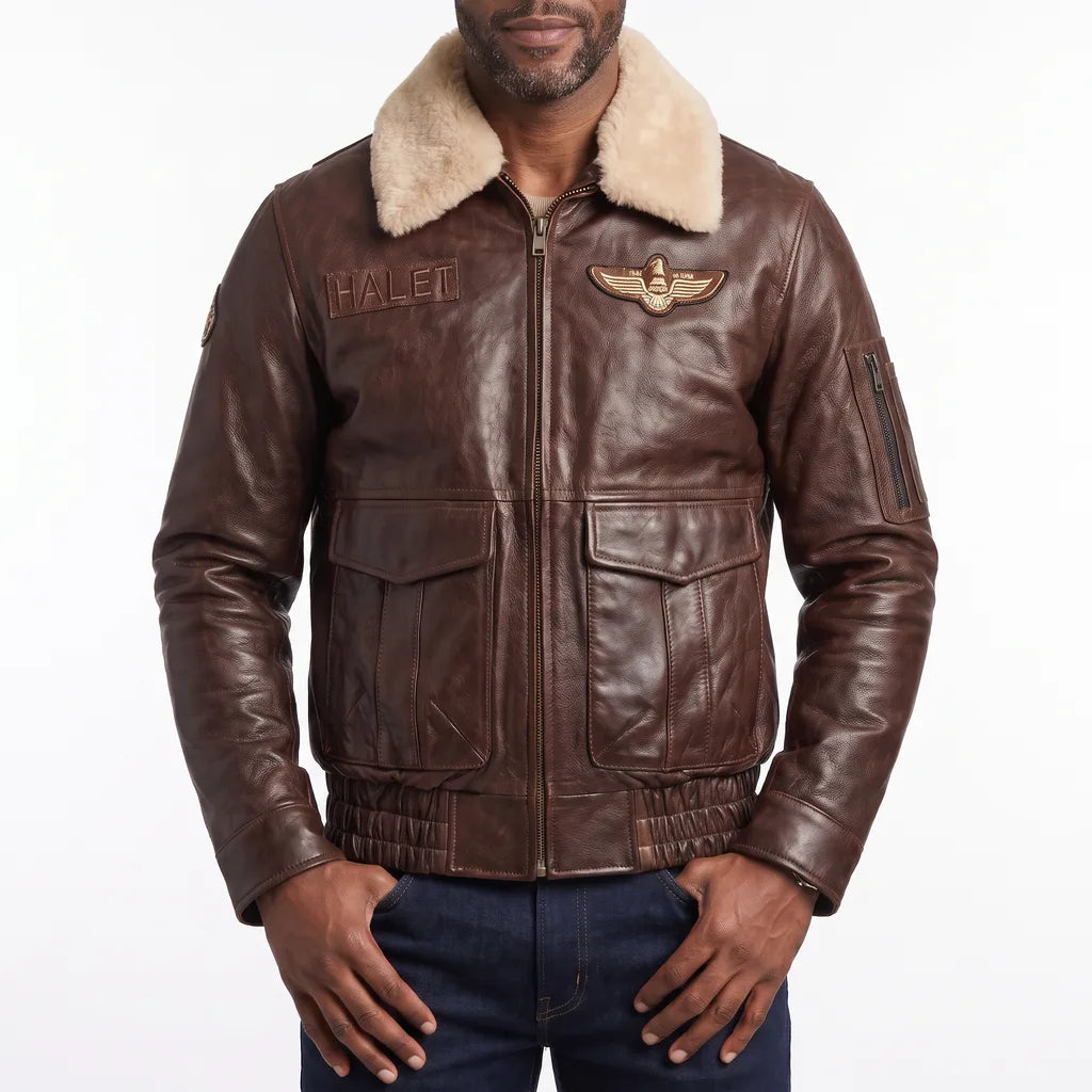 Halet Leather Aviator Jacket - Color:Brown;Size:XS