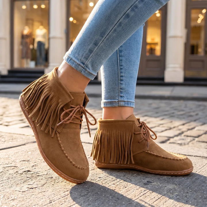 Women's Beige Elias Fringe Ankle Boots