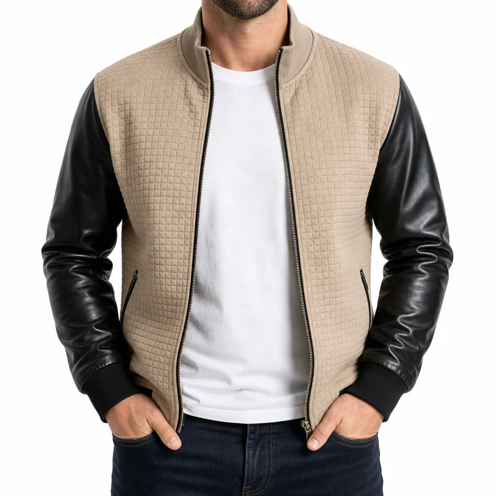 Harper | Men's Color-Block Bomber Jacket - Color:Beige;Size:XS