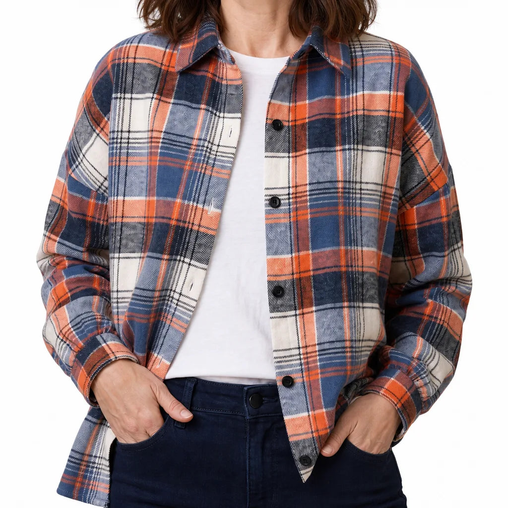 Helena Flannel Shirt - Color:Orange/Blue;Size:XS