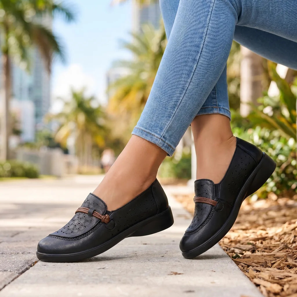 Women's Black Romy Perforated Slip On Sandals