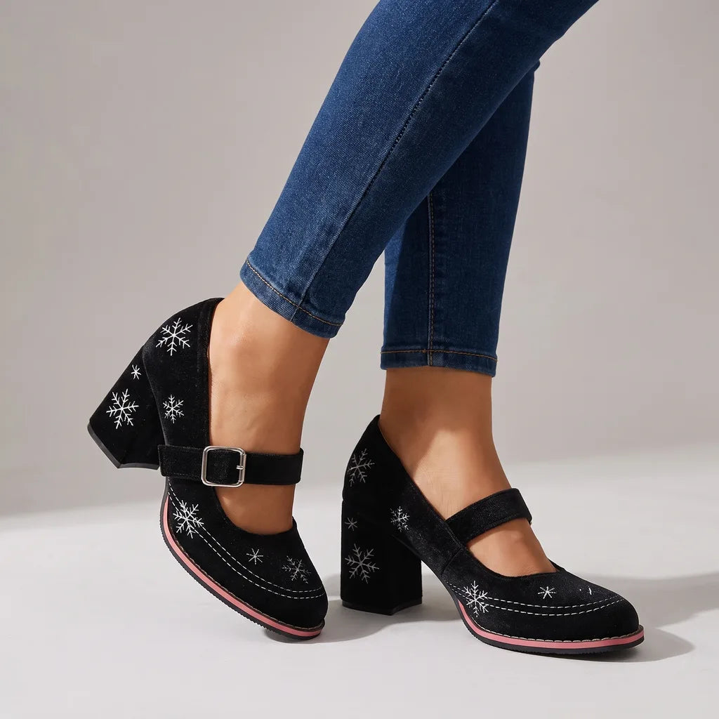 Holly | Women's Festive Mary Jane Velvet Heels  - Color:Black;Size:35