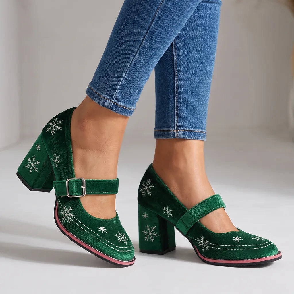 Holly | Women's Festive Mary Jane Velvet Heels  - Color:Green;Size:35