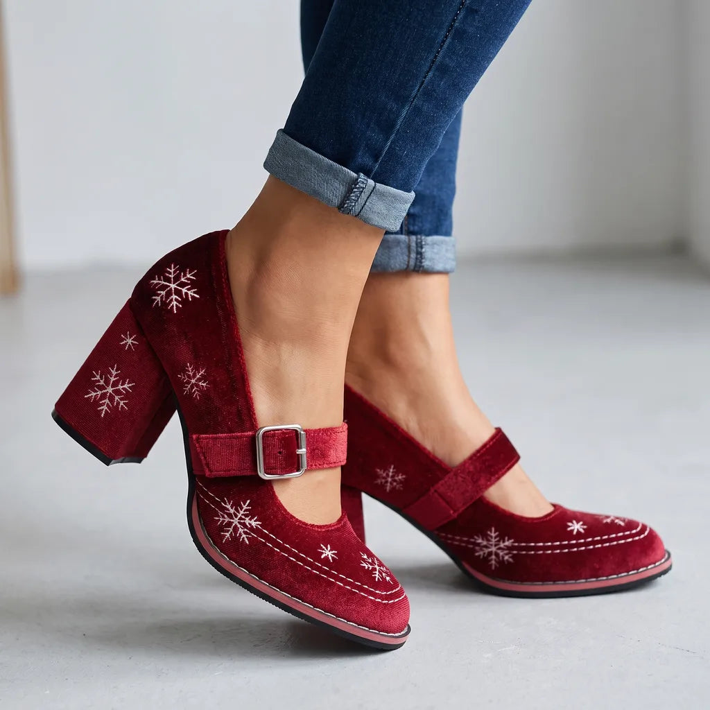 Holly | Women's Festive Mary Jane Velvet Heels  - Color:Wine Red;Size:35