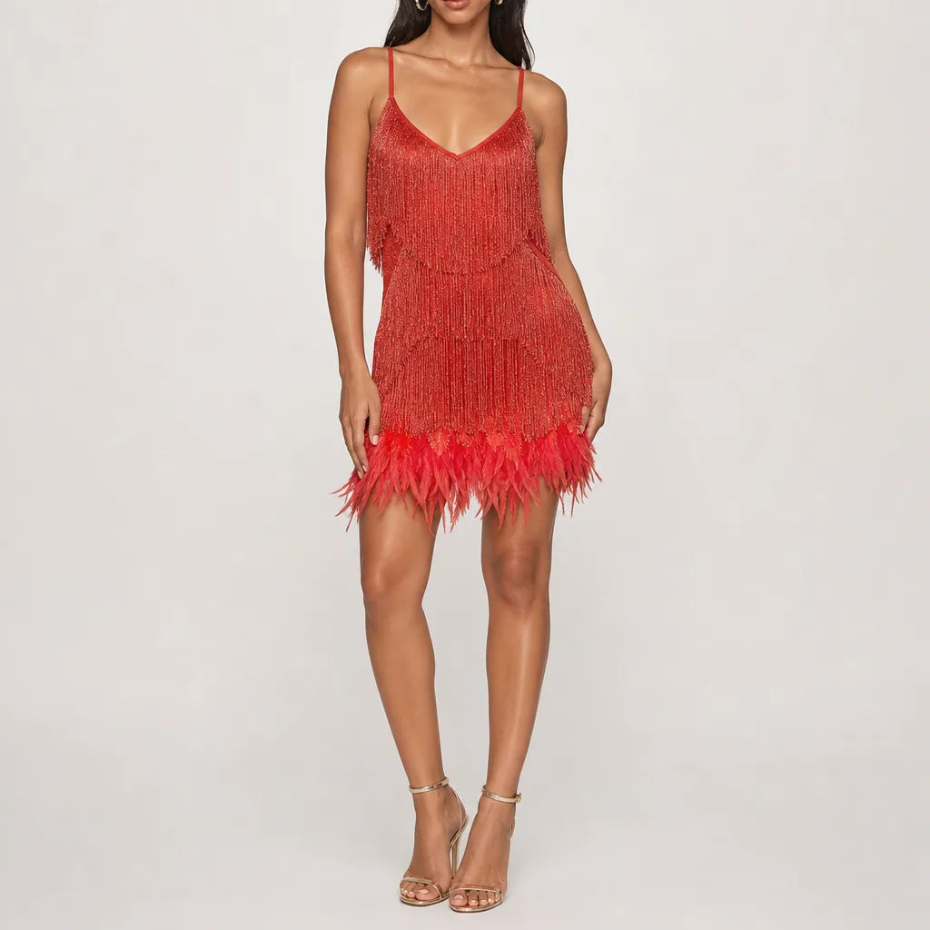 Women's Red Hurley Feather Sequin Dress