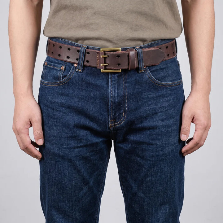 Men's Coffee Brown with Gold Buckle Ingram Leather Pin Belt