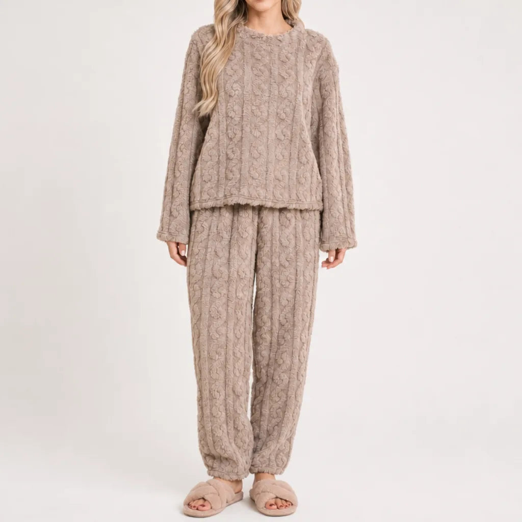 Ingrid | Women's Fleece Pajama Set - Color:Beige;Size:XS