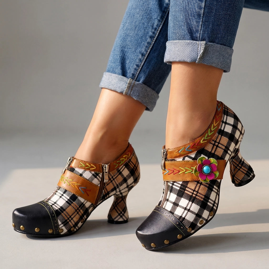 Irene Sheepskin Plaid Heels - Color:Brown;Size:36