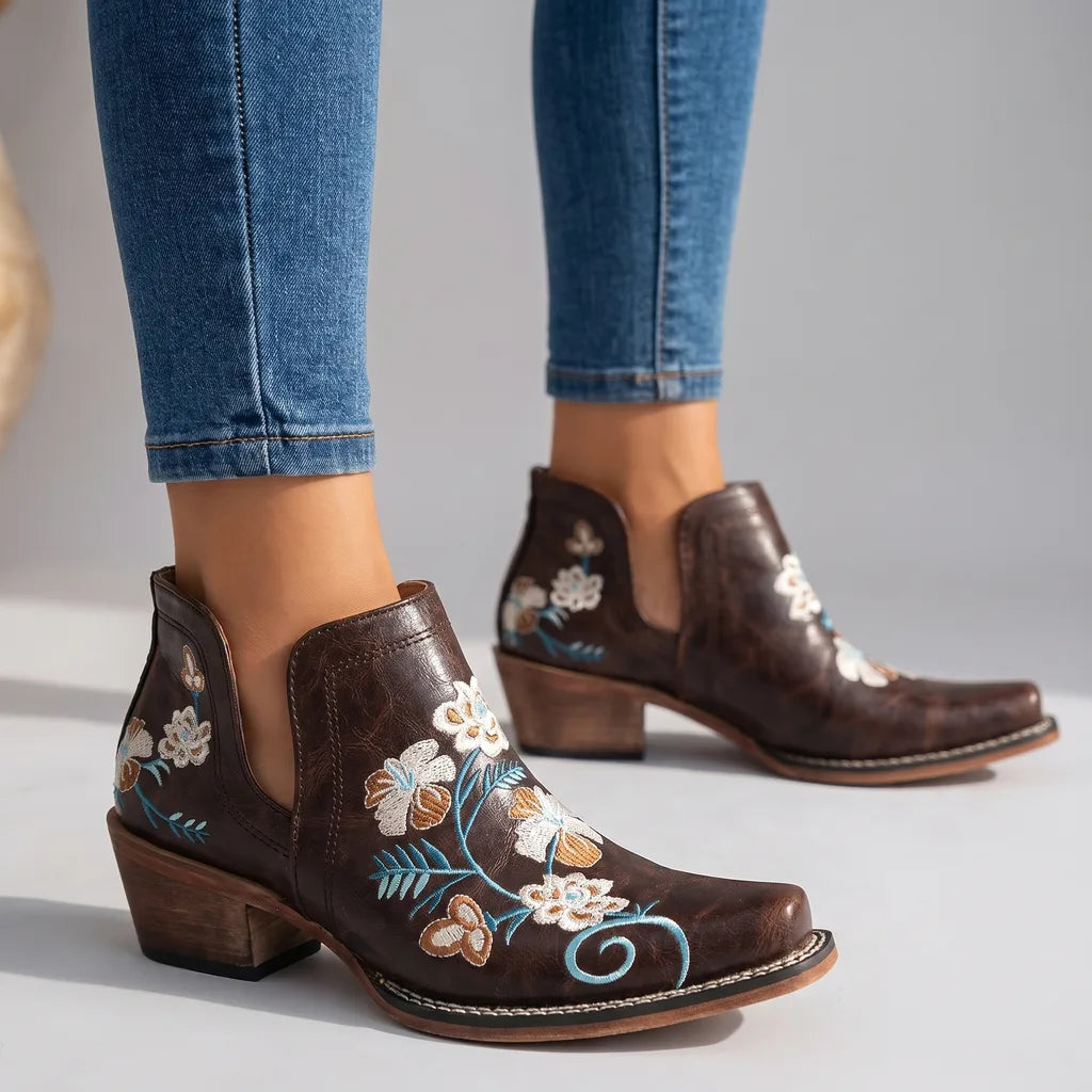 Isobel | Women's Floral Ankle Boots - Color:Dark Brown;Size:35