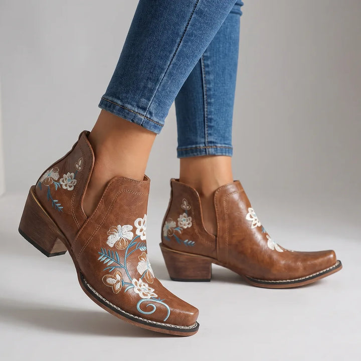 Isobel | Women's Floral Ankle Boots - Color:Light Brown;Size:35