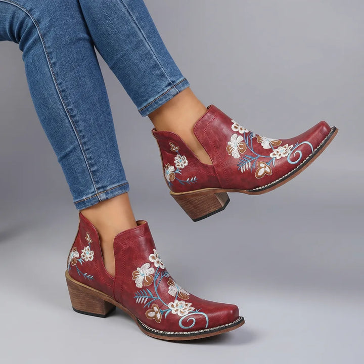 Isobel | Women's Floral Ankle Boots - Color:Red;Size:35