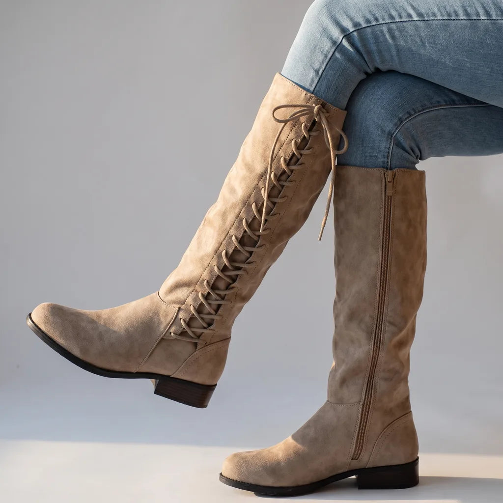 Isolde | Knee High Laced Riding Boots - Color:Beige;Size:35