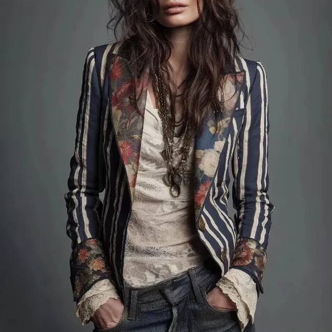 Jada | Women's Retro Bohemian Blazer Jacket - Color:Navy Blue;Size:S