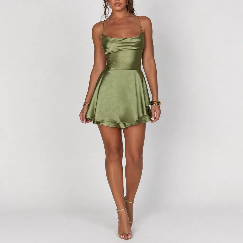 Jade | Women's Fall Satin Mini Dress - Color:Green;Size:XS