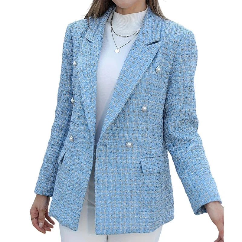 Jane | Women's Tweed Plaid Blazer  - Color:Sky Blue;Size:XS