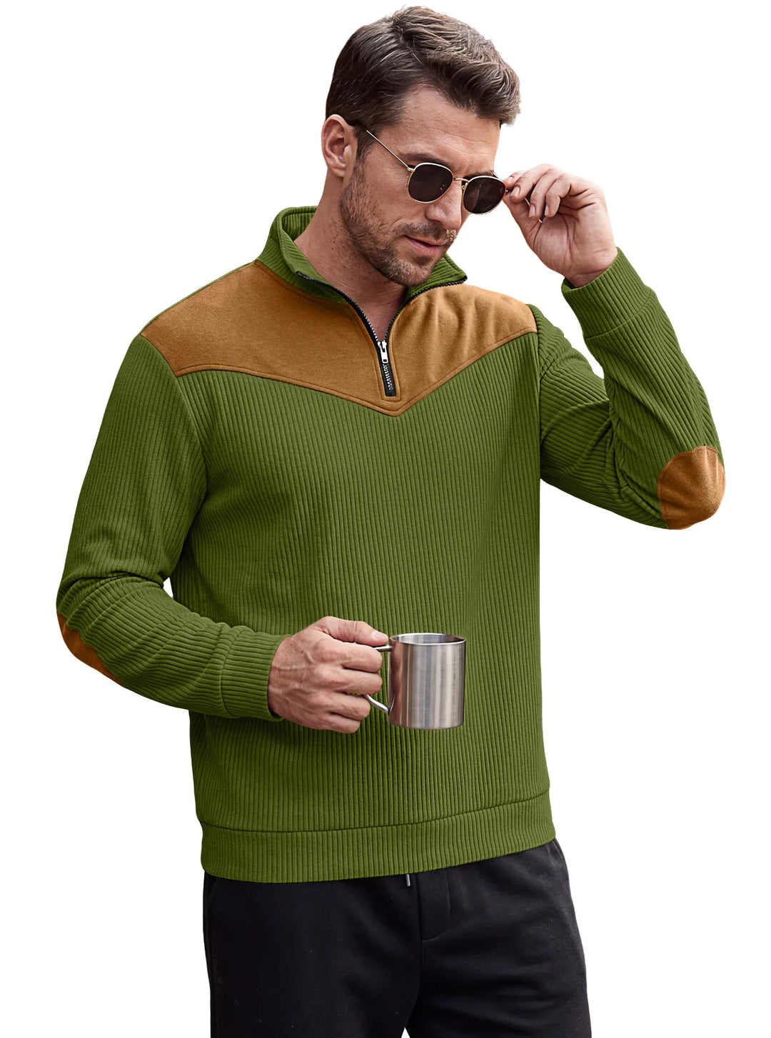 Jeevan | Men's Textured Quarter-Zip Sweater  - Color:Army Green;Size:XS