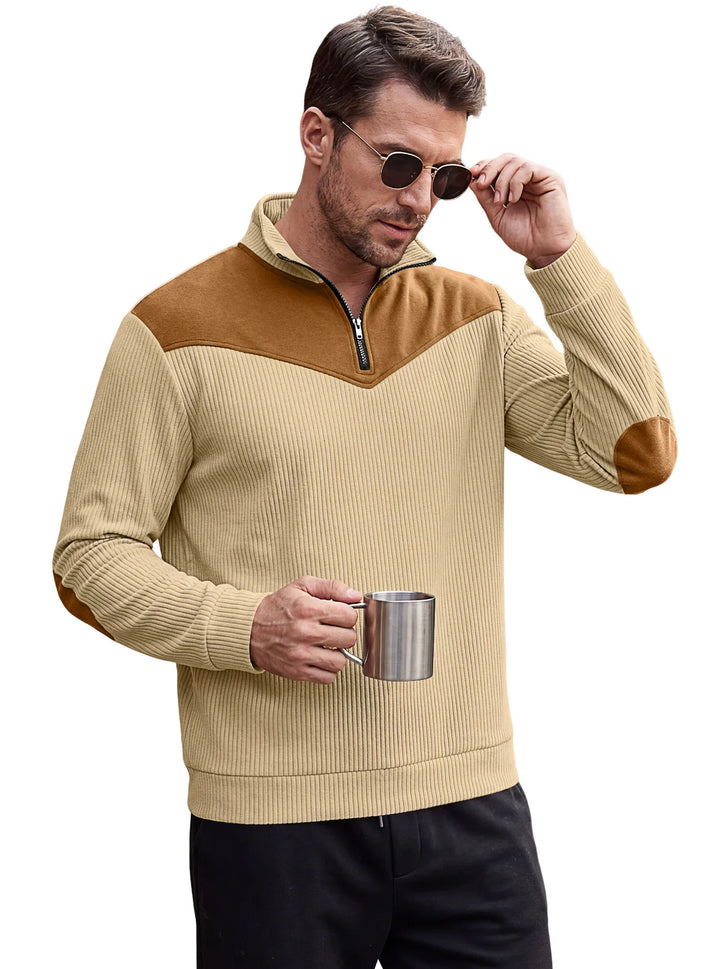 Jeevan | Men's Textured Quarter-Zip Sweater  - Color:Khaki;Size:XS