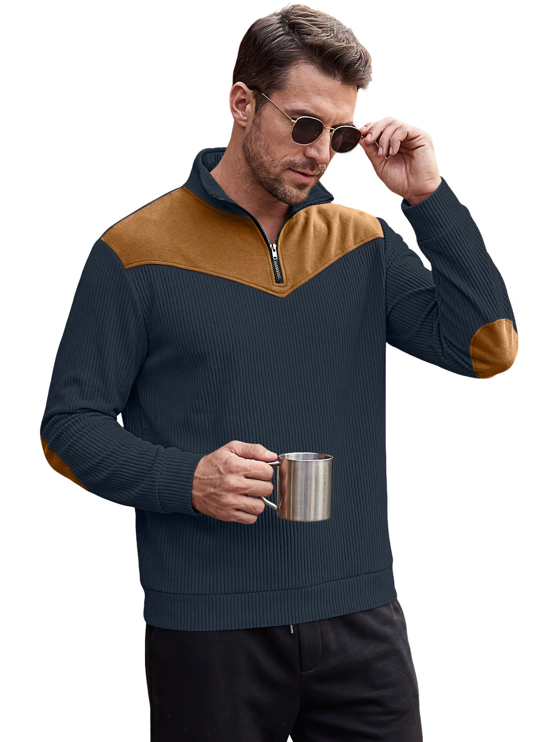 Jeevan | Men's Textured Quarter-Zip Sweater  - Color:Navy Blue;Size:XS
