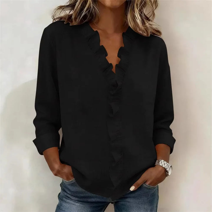 Jenny | Women's Ruffled V-Neck Blouse - Color:Black;Size:XS