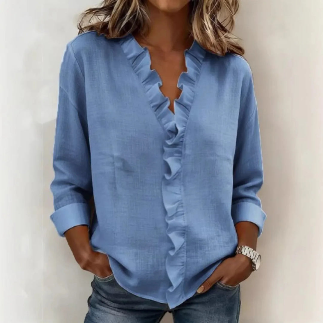Jenny | Women's Ruffled V-Neck Blouse - Color:Blue;Size:XS