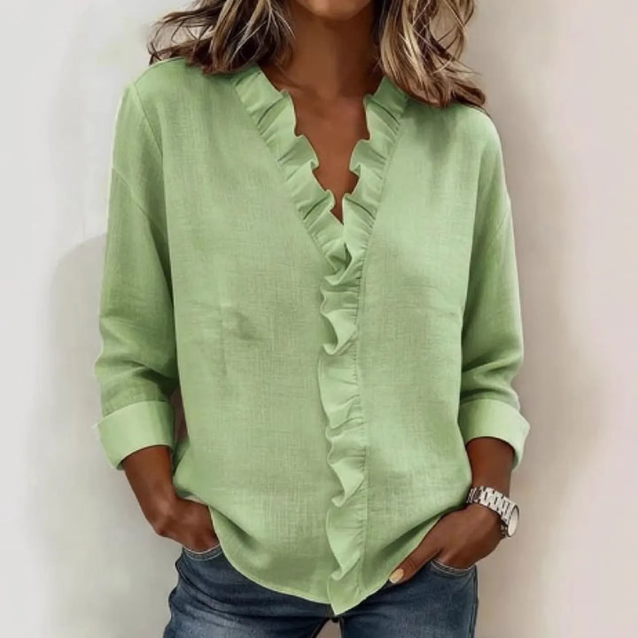 Jenny | Women's Ruffled V-Neck Blouse - Color:Green;Size:XS
