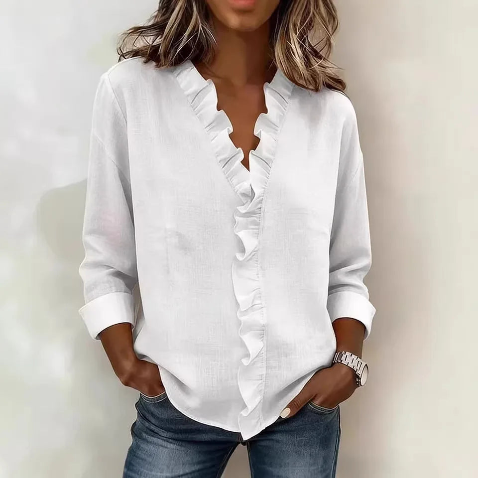 Jenny | Women's Ruffled V-Neck Blouse - Color:White;Size:XS