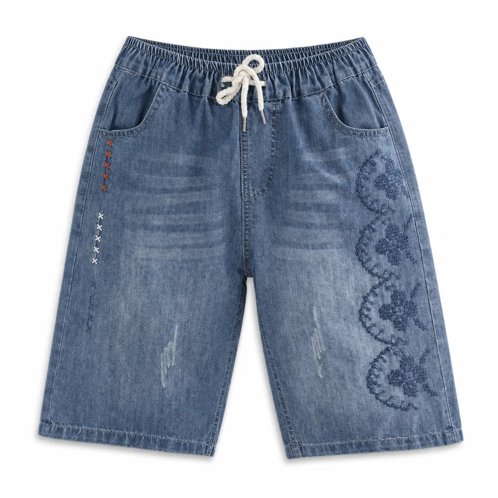 Josephine Embroidered Denim Shorts - Color:Blue;Size:M