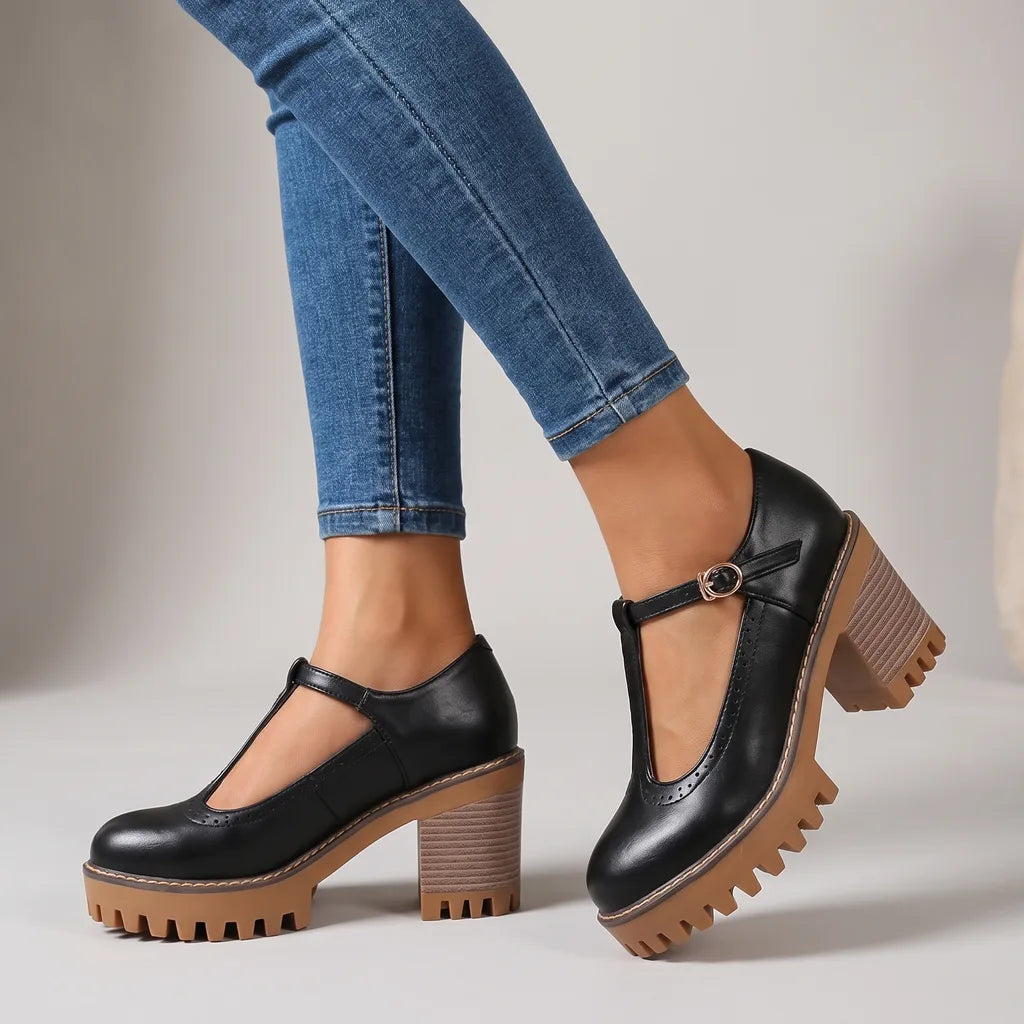 Joyce  | Women's Mary Jane Brogue Heels  - Color:Black;Size:35