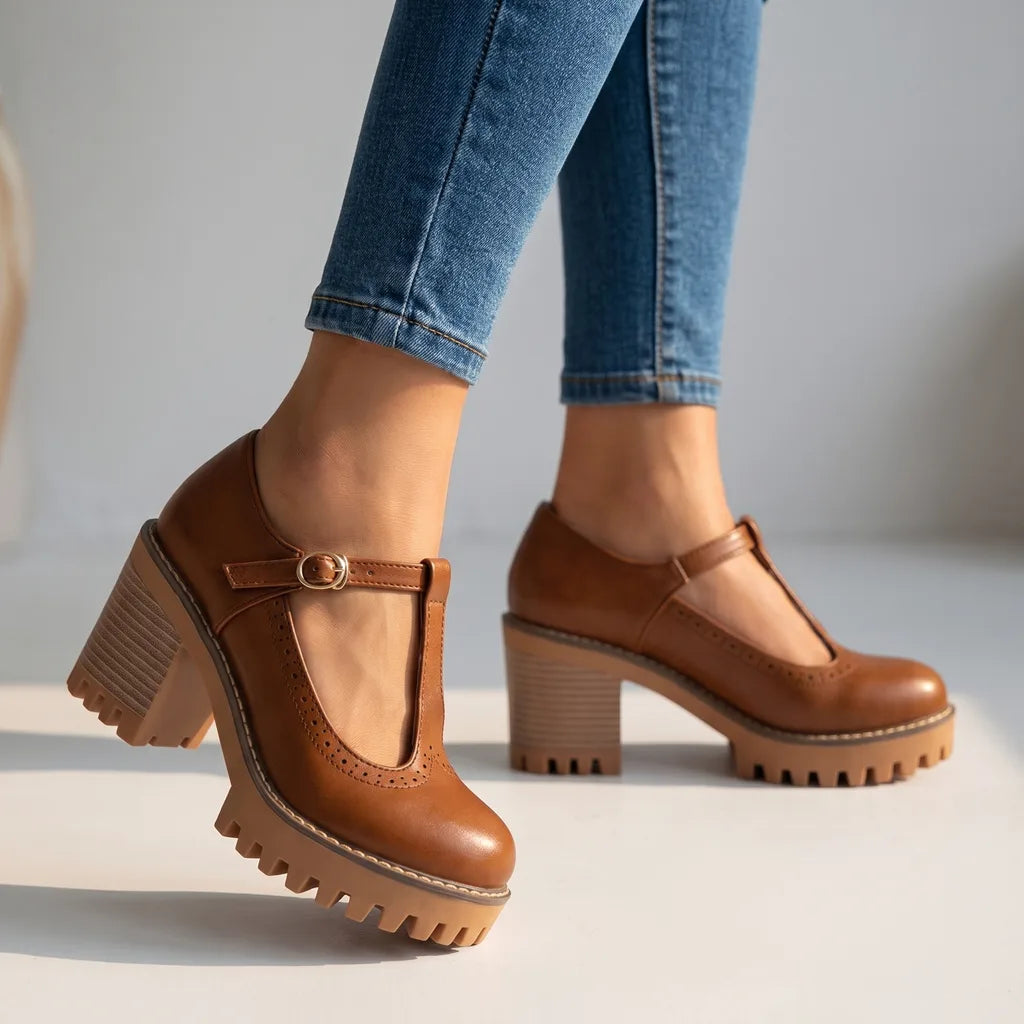 Joyce  | Women's Mary Jane Brogue Heels  - Color:Brown;Size:35