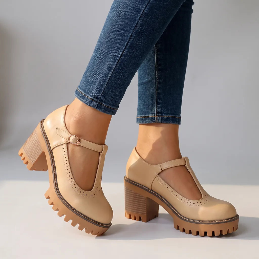 Joyce  | Women's Mary Jane Brogue Heels  - Color:Khaki;Size:35