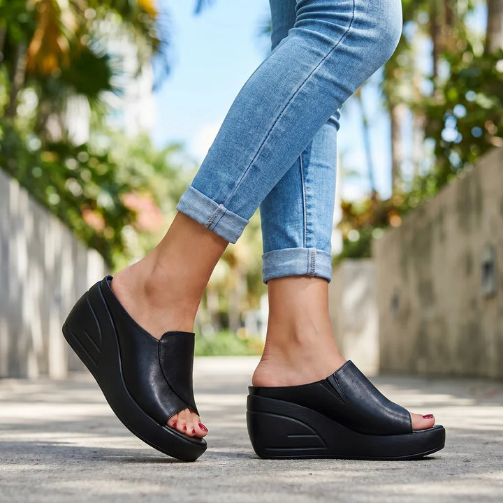Women's Black Shelden Peep Toe Wedge Sandals