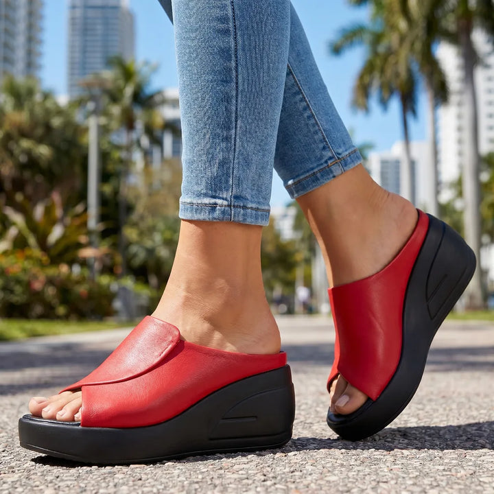 Women's Red Shelden Peep Toe Wedge Sandals