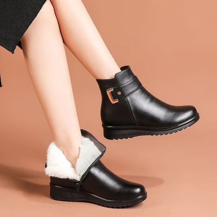 Juliana | Women's Waterproof Non-Slip Winter Boots - Color:Black with White Fleece;Size:35