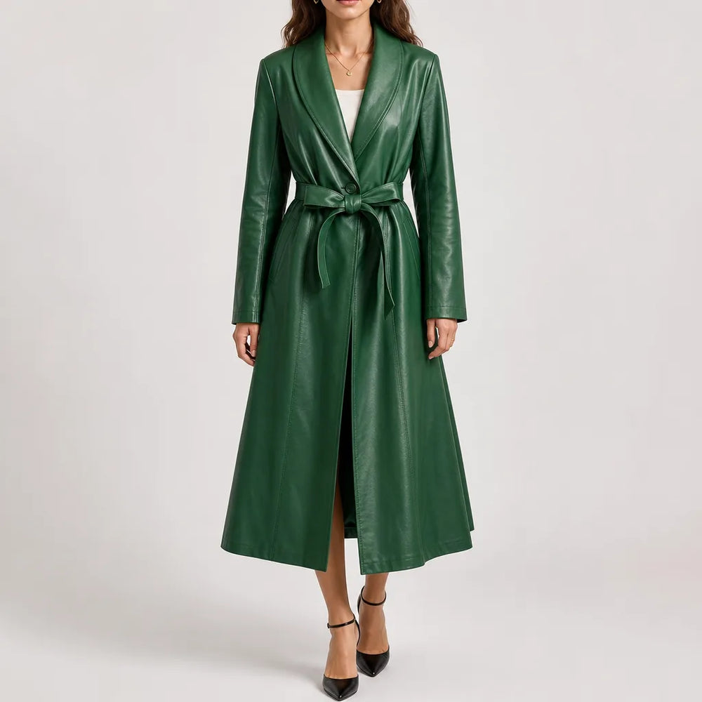 Women's Green Currier Long Belted Coat