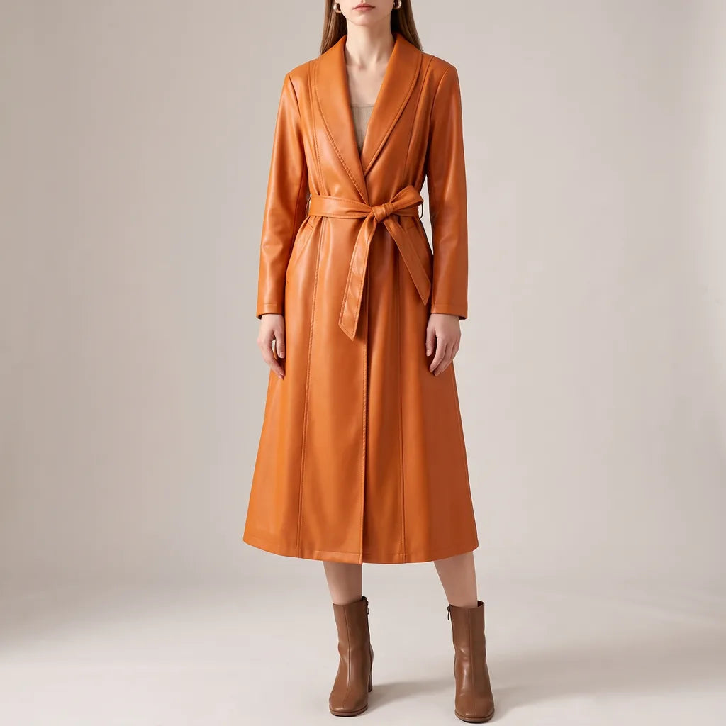 Women's Orange Currier Long Belted Coat