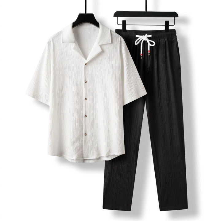 Kaelis Linen Set - Color:White Top and Black Pants Set;Size:S