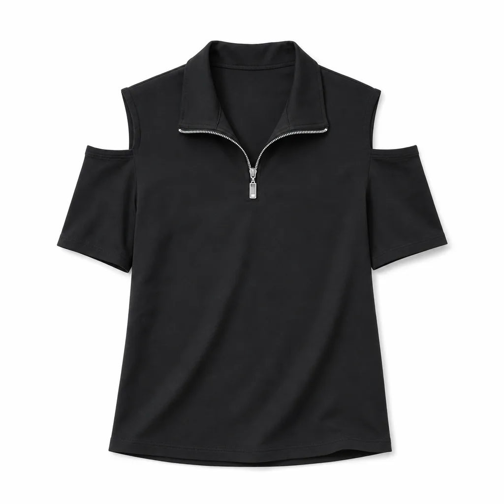 Kaylee V-Neck Zipper Tee - Color:Black;Size:XS