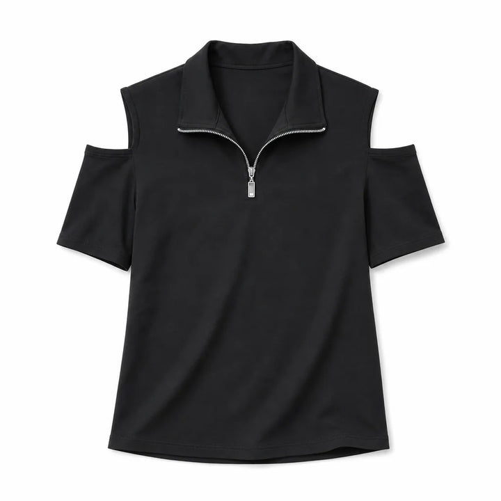 Kaylee V-Neck Zipper Tee - Color:Black;Size:XS