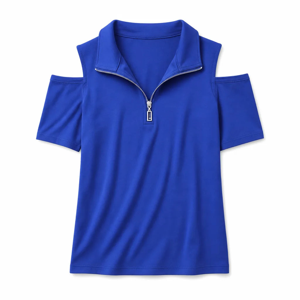 Kaylee V-Neck Zipper Tee - Color:Blue;Size:XS