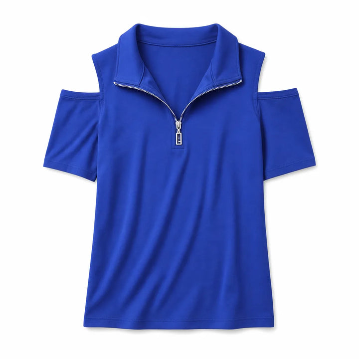 Kaylee V-Neck Zipper Tee - Color:Blue;Size:XS