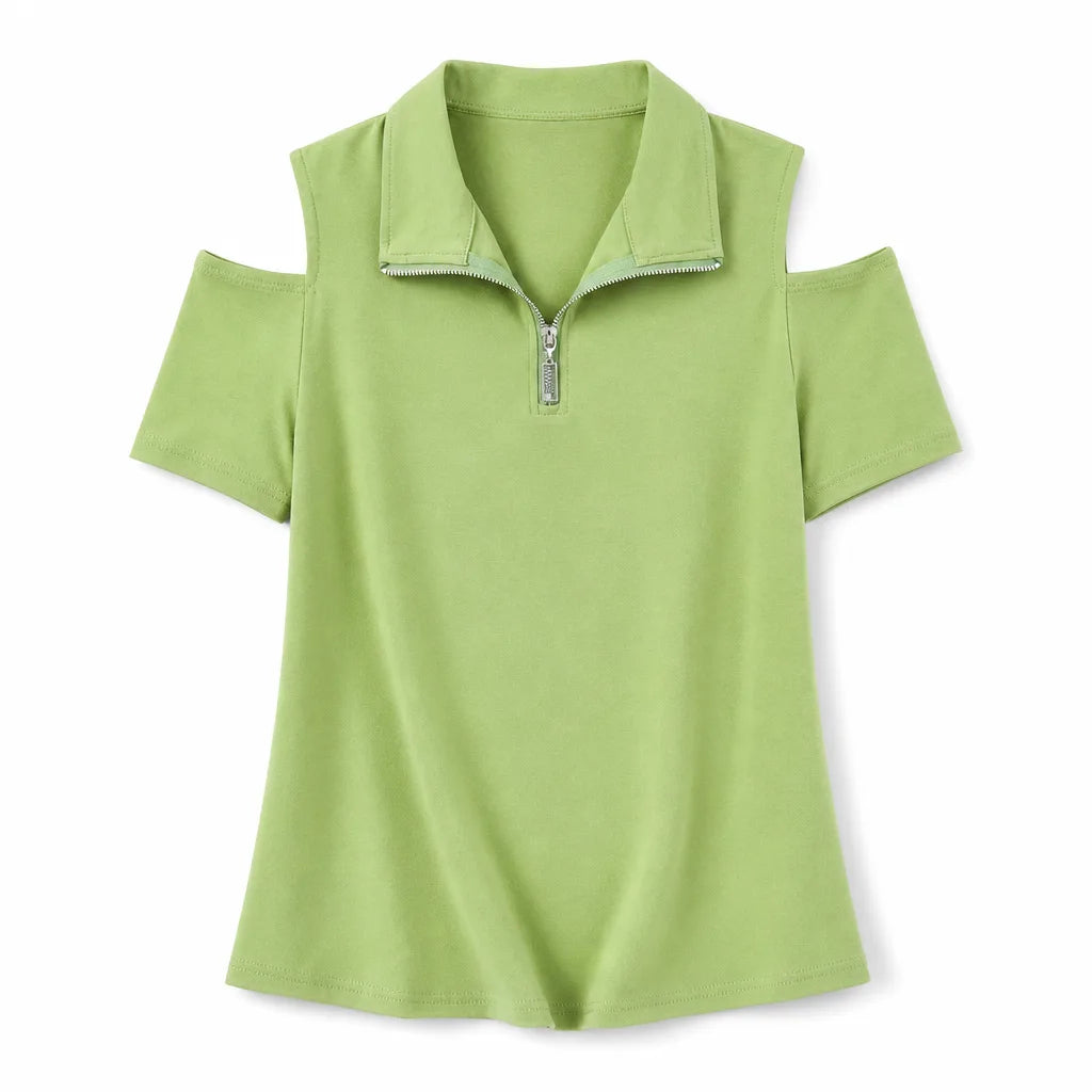 Kaylee V-Neck Zipper Tee - Color:Green;Size:XS